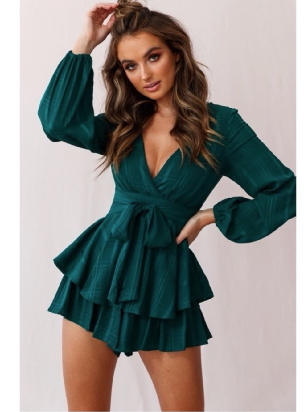 NWT! Saints+Secrets L/S Dark Green Tiered Ruffled Wrap Romper (Size S)